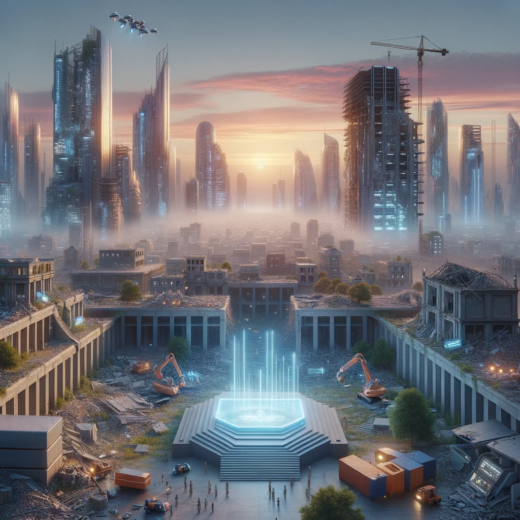A futuristic city under reconstruction at sunrise